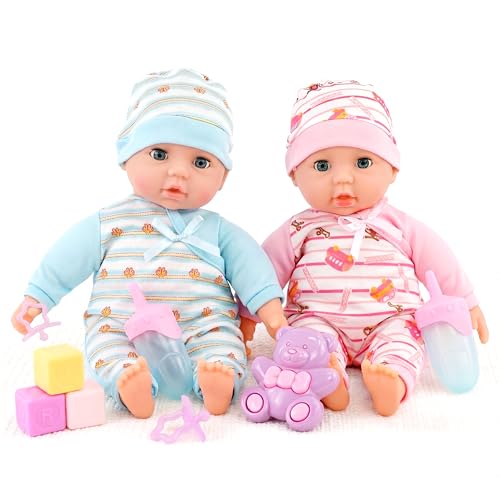 The Magic Toy Shop BiBi Doll 14 Twin Dolls Boy and Girl Set - Realistic Open/Close Eyes with Bottles Dummies & Blocks - Pretend Play Toys for Girls & Boys Aged 3 Years+
