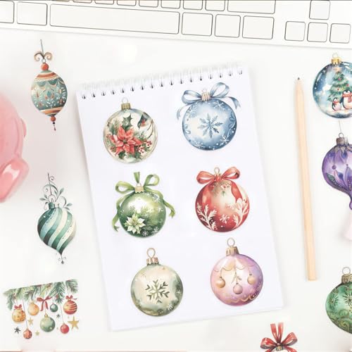Image of 50 Pieces Christmas Themed Transparent Stickers for Scrapbooking, Ornament Ball Self-Adhesive Scrapbooking Stickers Supplies Journal Stuffers for Adult Card Making Letters DIY