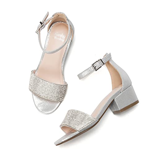 Image of FUNKYMONKEY Girls Low Heels Sandals Open Toes with Ankle Strap Rhinestone Dress Shoes for Kids