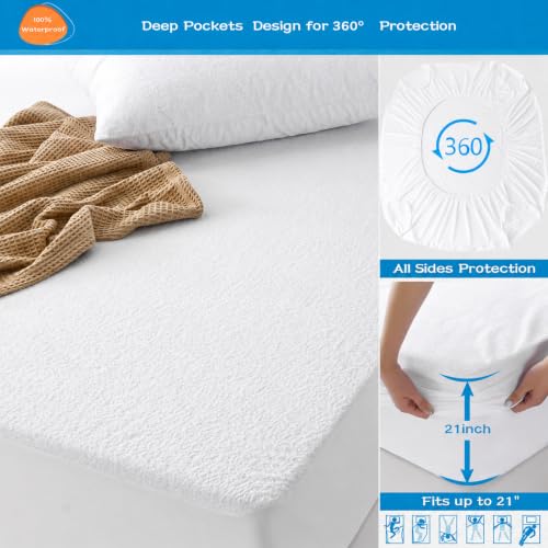 Image of GRT 2 Pack King Mattress Protector Waterproof, Breathable & Noiseless Premium Terry Waterproof Mattress Protector Fitted Deep Pocket from 5 inch to 21 inch, Smooth King Mattress Cover Machine Washable
