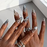 Cosblisvia Ongles à Presser Courts Amande, Ongles à Coller pour Femmes, Faux Ongles 3D Étoile Argentée Perles pour Filles, Ongles Artificiels Réutilisables pour Fête (Bleu Clair)