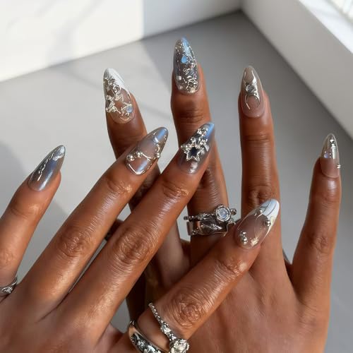 Cosblisvia Ongles à Presser Courts Amande, Ongles à Coller pour Femmes, Faux Ongles 3D Étoile Argentée Perles pour Filles, Ongles Artificiels Réutilisables pour Fête (Bleu Clair)