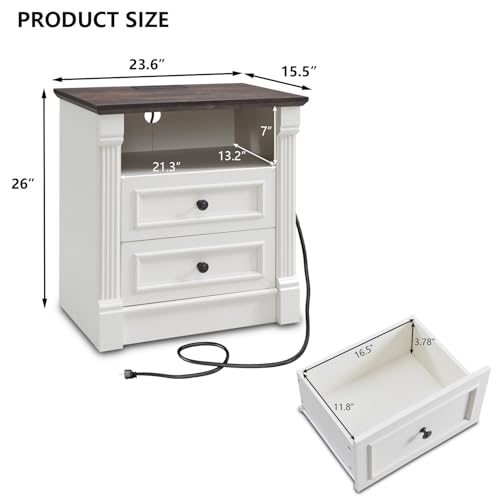 Image of 26 inch Tall 2 Drawers Dresser for Bedroom, Farmhouse 23.6 inch Wide Large Nightstand with Charging Station, Wood Rustic Side Table w /Roman Column, End Table for Bedroom, Living Room, White