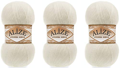 Alize Angora Gold Yarn 20% Wool 80% Acrylic Lot of 3skn 300gr 1805yds Thread Crochet Lace Hand Knitting Turkish Yarn (1-Cream)