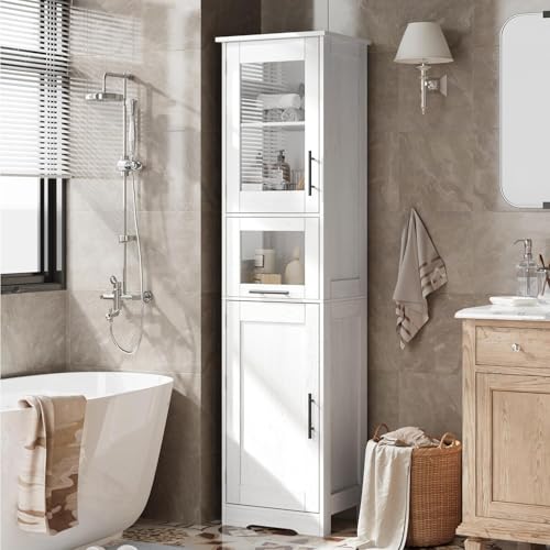 Armario de baño alto, mueble de baño independiente, 5 pisos 2 puertas y 1 cajón, columna alta de baños con puertas acristaladas y estantes ajustables, blanco (170 x 40 x 31 cm)