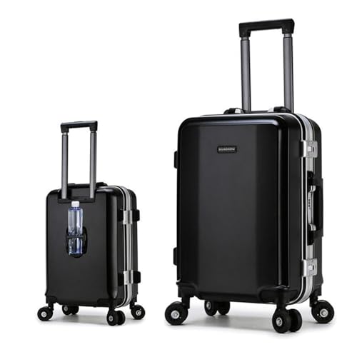 28 inch Aluminum Framed Suitcase with Silent Spinner Wheels,with USB Port & Cup Holder Lightweight Hard Shell Suitcase,Black,22in