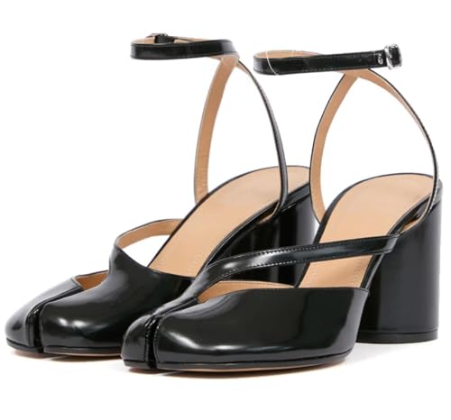 Beauty Cry Womens Tabi Shoes Split Toe Sandal Pumps Chunky Sling Back Sandals Buckle Ankle Strap Leather High Heels