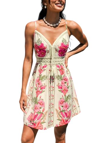 Image of CUPSHE Womens Boho Floral Summer Dress V Neck Lace Trim Spaghetti Strap Backless Smocked Back Beach Vacation Mini Dress