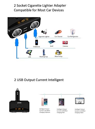 Lihan Car Charger Adapter, 2 Socket Cigarette Lighter Splitter, Dual Usb Port With 12V,24V Voltage Display Compatible With Iphone,Ipad,Tablet,Galaxy,Htc,Lg #TOP1