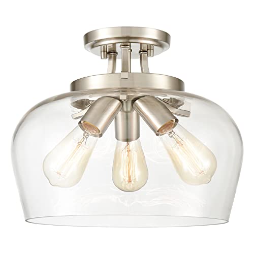 Teenyo Brushed Nickel Semi Flush Mount Ceiling Light 3-Light Modern Ceiling Light Fixture With Clear Glass Shade For Hallway Bedroom Foyer Living Room #TOP12