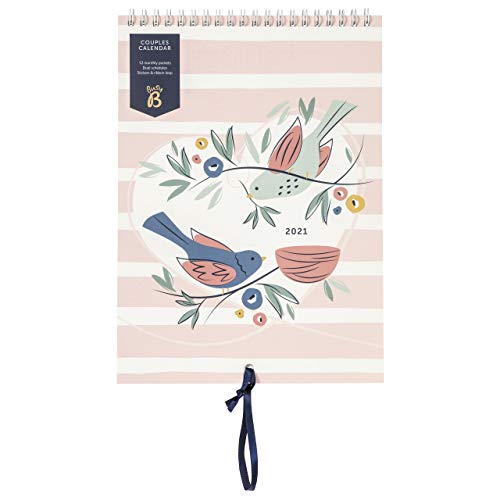 Busy B Couples Wall Calendar January to December 2021 u0096 Birds Design Slim Year Planner for Two with Columns, Monthly Pockets & Stickers