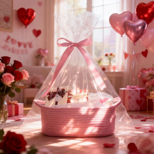 Poschnor Baby Gift Basket with Gift Bags and Ribbons, 12x 8x 5 Inch Basket for Baby and Pet Toys, Small Cotton Rope Basket - Pink — view 2