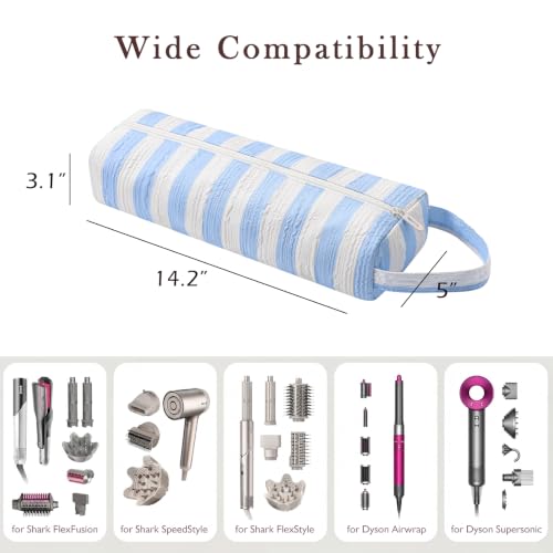 Image of RSRSLEII Striped Hair Tools Travel Bag,Hair Styling Accessories Storage Case for Shark FlexStyle,Dyson Airwrap Hair Dryer,Curling Iron,Straightener,Revlon Hair Tools,Portable&Foldable(17Blue&White)