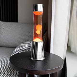 FISURA - Lampe à lave orange. Base chromée, liquide orange et lave. Lampe d'ambiance originale. Avec ampoule de rechange. 11 cm x 11cm x 39,5 cm.