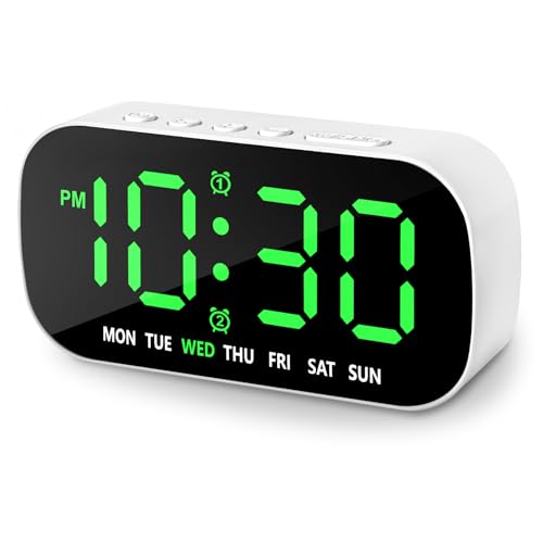 Small Digital Alarm Clocks for Bedrooms, 5 Levels Brightness Dual Alarm 12/24Hr and Snooze Simple Large Numbers Plug in Loud Desk Digital Clock for Heavy Sleepers Adults Teens (Green)
