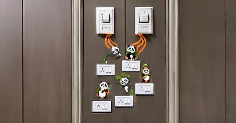 Image of Cute Panda Wall Switch Stickers | Decorative Light Switch Socket Cover Decals for Kids Room, Nursery & Home Decor | Easy Peel & Stick Set of 5