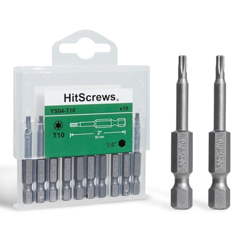 HitScrews 2 Inch T10 Torx Bits S2 Steel Star Screwdriver Bits 1/4 Hex Shank CNC Precision Tips 10-Pack in Slide-Out Storage Case Impact Driver/Drill Compatible