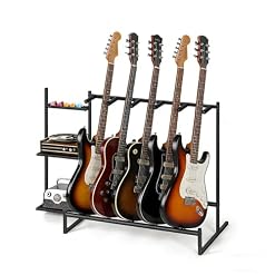 Guitar Stand, Guitar Rack for Multiple Guitars, Acoustic Electric Bass Guitar Holder, 5 Slot Guitar Stands Floor with Side Shelves for Record Player, Home Music Studio Display, Protective Foam, Black - Les Beatles, Paul McCartney, John Lennon, RIngo Starr, George Harrison