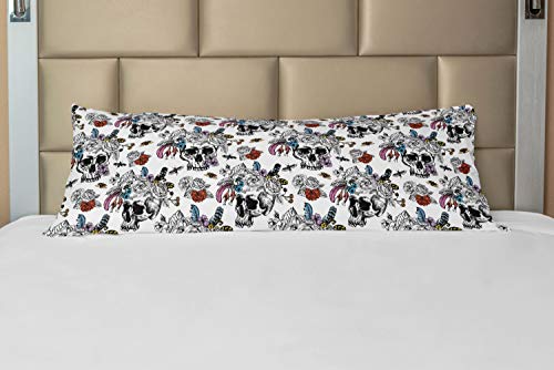 Ambesonne Gothic Body Pillow Case Cover With Zipper, Day Of The Dead Inspired Human Skulls Design With Colorful Flowers Mexican Tradition, Decorative Accent Long Pillowcase, 21" X 54", Red Black #TOP8