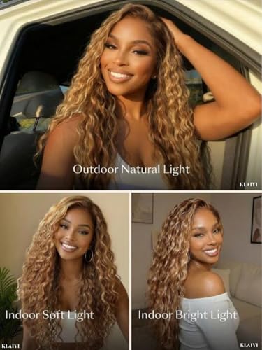 Image of KLAIYI 13x4Bye Bye Slip Highlight Golden Blonde Water Wave Pre Everything Lace Front Wigs Human Hair Drawstring Caramel Brown Curly Glueless Pre Plucked Bleached Knots Ready to Wear and Go Wig 22Inch
