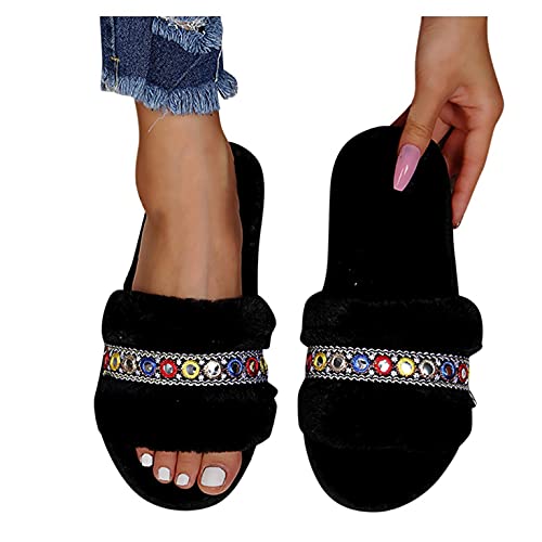 Hbeylia Fuzzy Slippers For Women Boho Ethnic Fluffy Furry Plush Fur Open Toe Slip On Flats House Slippers Bohemian Non Slip Beach Home Slides Dress Sliders For Ladies Indoor Outdoor Winter Fall