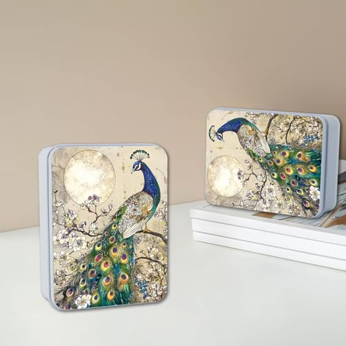 Image of Metal Tin Box with Lid,Multi-functional Storage Large Box Can Store Tea Biscuits Game Cards, Playing & Tarot Cards-Comes with 4 Magnetic Cord Clips,Peacock by Moon