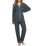 Lucyme Damen Pyjamas Set Elegant Modal Langarm Schlafanzug mit Knopfleiste Zweiteiliger Lang Nachtwäsche Sleepwear XS-XXL, Blau/Grün, EU 40(Herstellergröße: M)