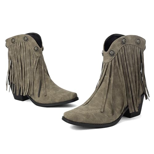 Women's Western Fringed Cowboy Ankle Boots Retro Square Toe Chunky Heels Tassels Cowgirl Short Booties2