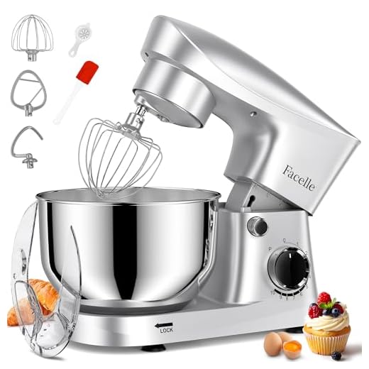 Facelle Stand Mixer, 10-Speed 6QT Kitchen Electric Mixer, Tilt-Head Food Mixer with Beater, Dough Hook, Wire Whip and Egg Separator, scraper for Most Home Cooks - Silver