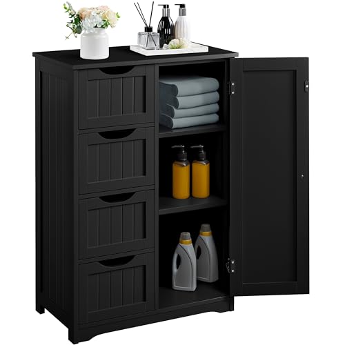 Yaheetech Wooden Bathroom Floor/Side Storage Organizer Cabinet with 4 Drawers and 1 Cupboard, Freestanding Entryway Storage Unit Console Table for Home Decor