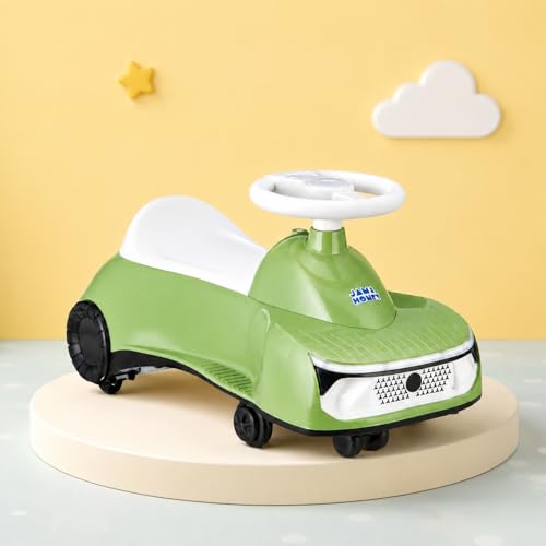 Image of Amazon Brand - Jam & Honey Ride-On Swing Car for Kids 12 Months+ | Premium Design with Stable Overhang Base | PU Wheels | Supports up to 100 kg | Indoor & Outdoor - Green