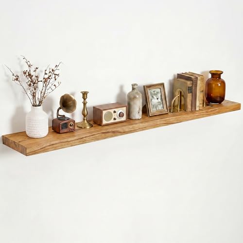 Image of Dreamland 55 Inch Floating Shelves for Wall, Solid Elm Wood Wall Shelves for Living Room, Bedroom, Kitchen, Bathroom, Wall Mounted Long Floating Shelf Set of 1, Natural