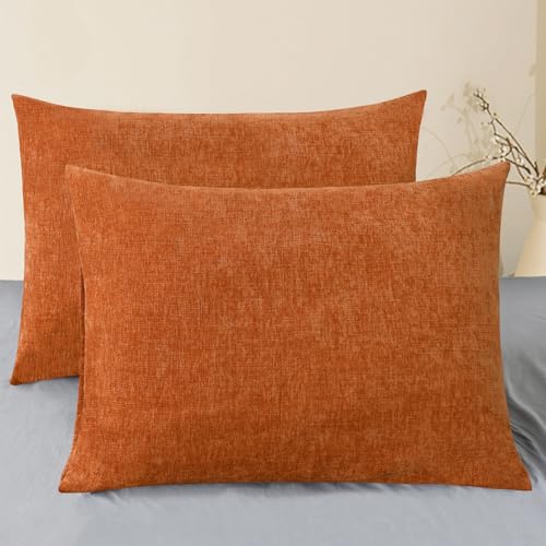 Image of CaliTime Fall Throw Pillow Covers Decorative 20 X 26 Inches Pack of 2 Cozy Chenille Standard Pillow Shams Cases for Couch Sofa Bed Living Room Home Burnt Orange