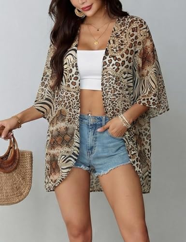 Image of Chunoy Women Floral Beach Wear Cover Up Chiffon Kimono Cardigan Open Front Blouse Top