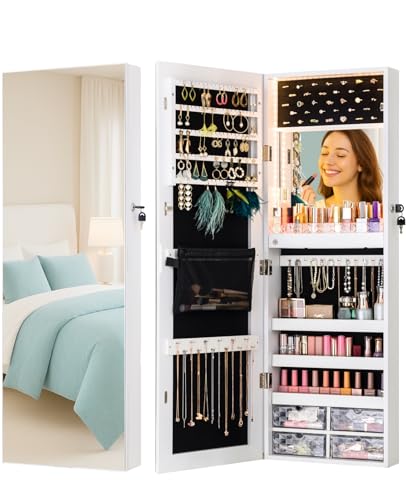 LUXFURNI 107cm Höhe Spiegel Schmuckschrank Hängend, Schmuckaufbewahrung Wand, Einbau-‌Make-up-Spiegel, 4 Schubladen Schmuckspiegel, Weiß