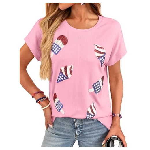 For G and PL 4th July Women Glitter Cap Sleeve USA Flag Star Stripe Tee Memorial Day T-Shirts Pink Ice Cream S