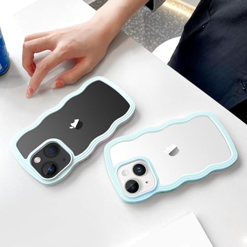 Image of MIDOS Back Cover Compatible with iPhone 15, Cute Curly Wave Frame Clear Case for Girls Women, Transparent Soft Silicone TPU Bumper Shockproof Protective Cover for iPhone 15 (Blue)