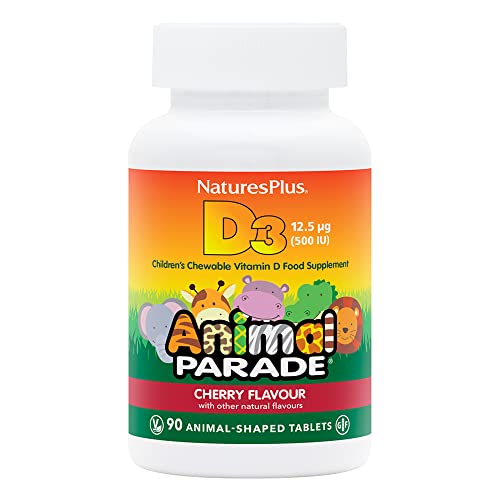 NaturesPlus Animal Parade Children Vitamin D3 Chewable - Delicious Black Cherry Flavour - Immune Support, Muscle, Teeth, Bones Health and Growth - Vegetarian, Gluten Free - 90 Tablets