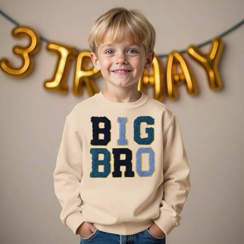 BOUTIKOME Big Brother Sweatshirt Toddler Baby Boy Big Bro Embroidery Chenille Patch Shirts Announcement Pullover Fall Tops(Beige-1,3-4T)