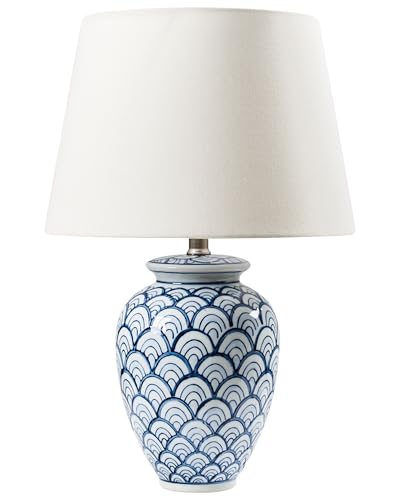 Beliani Lampe à Poser en Porcelaine Base Abat-Jour en Lin avec Motif Éclairage Salon Chambre Bleu et Blanc Jauca