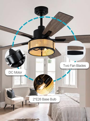 Image of 52 Inch Boho Ceiling Fan with Lights Remote Rattan Caged Chandelier Fan Farmhouse Rustic Fandelier, 5 Dual Blades, Reversible Quiet DC Motor 6 Wind Speeds Timer for Bedroom Patio