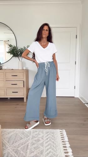 Image of Athlisan Womens Baggy Wide Leg Palazzo Pants Casual Loose Drawstring Elastic Waisted Lounge Trousers with Pockets