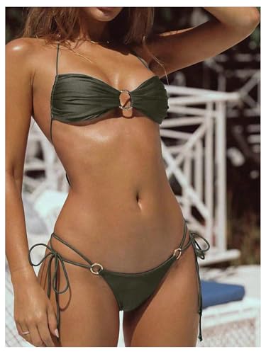 Image of SOLY HUX Bathing Suit for Women Halter Ring Linked Tie Side Bikini Sets Two Piece Swimsuit