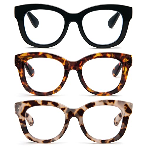 KoKoBin 3-Pack Oversized Reading Glasses For Women Blue Light Blocking Readers with Spring Hinge Ladies Computer Reader 1.0