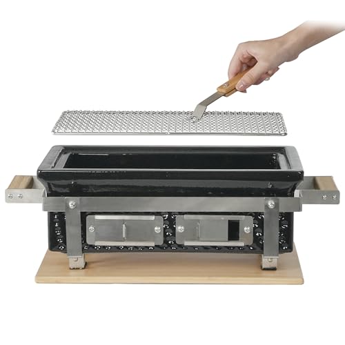 AUPLEX Rectangle Hibachi Charcoal Ceramic Grill, Japanese Yakitori BBQ Grill Table Barbecues Ovenfor Outdoor Camping with Bamboo Board, Gift for Thanksgiving Valentine Christmas, 19.88"x8.66"x6.69"