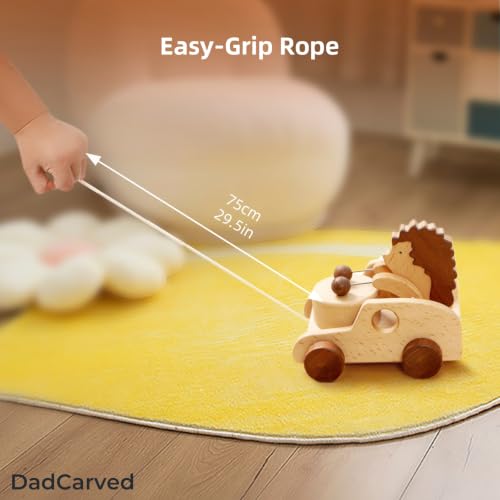 Image of Hedgehog Pull Toy | Montessori Wooden Pull-Along Walking Toy with Wooden Grip Ring | Natural Drumming Sound for Kid Toddlers