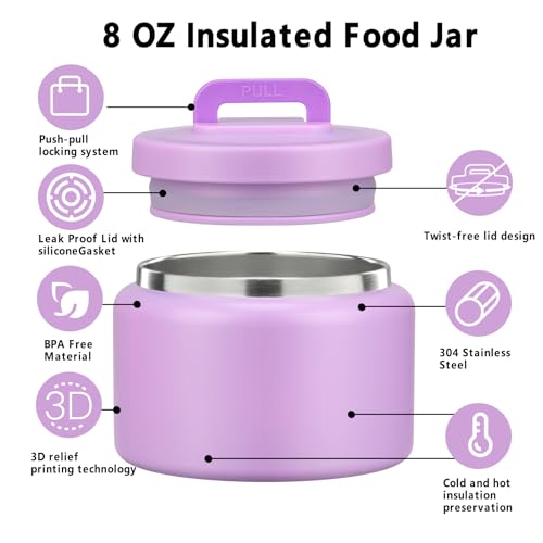Image of JXXM 8 Oz Thermo Food Jar for Hot & Cold Food for Kids, Insulated Lunch Containers Hot Food Jar,Leak-Proof Vacuum Stainless Steel Wide Mouth Lunch Soup Thermo for School (Purple)
