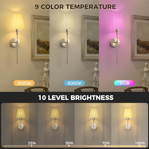 Image of DORESshop Battery Operated Wall Sconce Set of 2, 10 Color Wireless Wall Light Easy to Install, Sconce Wall Decor Set of 2 for Bedroom, Living Room, Pleated Fabric Shade, Nickel, 24.6in