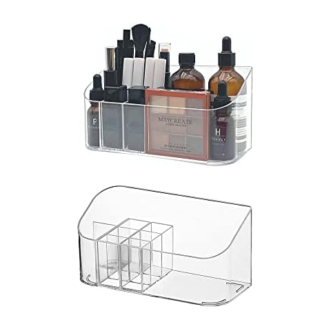 LINFIDITE Pack of 2 Makeup Organiser, Cosmetic Organiser with 9 Compartments, 2 Removable Dividers, Bathroom Cabinet Cosmetic Storage Holder, Storage Box for Beauty Essentials Crystal Clear Cover