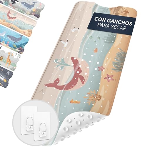 avakido® Alfombra Antideslizante para bañera Infantil - Sin BPA, Resistente al Moho y Lavable a máquina - Alfombrilla antimoho con 2 Ganchos incluidos - Segura para bebés y niños